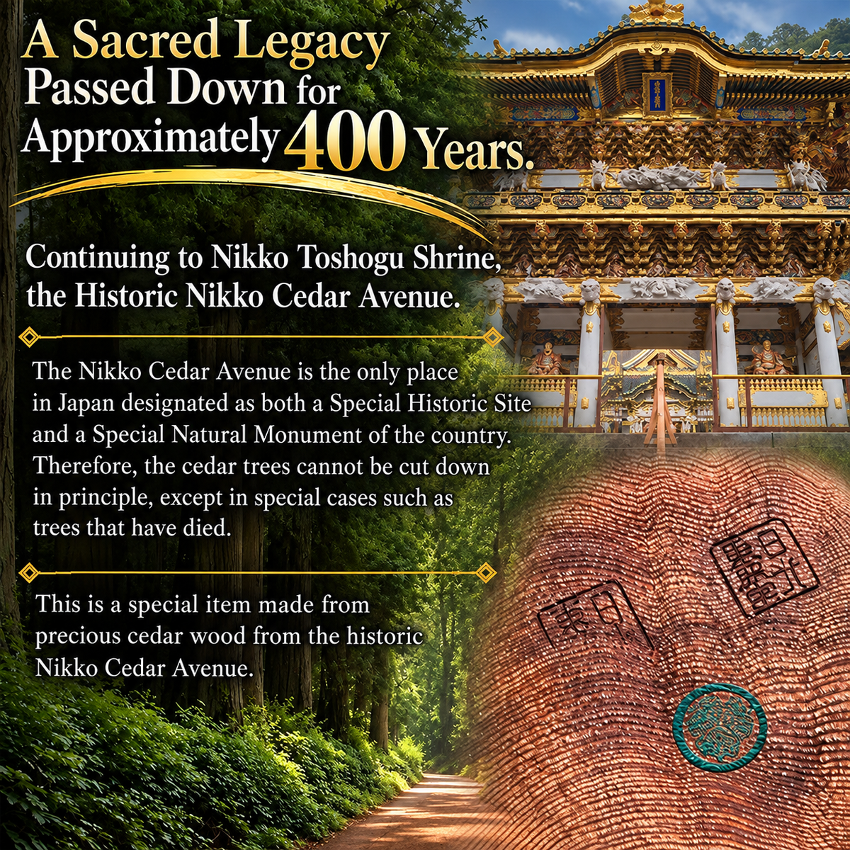 Nikko Cedar 10mm Bracelet with Toshogu Shrine Seal Wooden Gift Box Included Tochigi Japan 400-Year-Old Japanese Cedar Nikko Toshogu Shrine Tokugawa Ieyasu Rare Sacred Wood Natural Wood Jewelry POWERSWOOD (コピー)